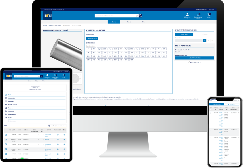Ordinateur, tablette et portable sur le site du Webshop et de l'espace client IMS France